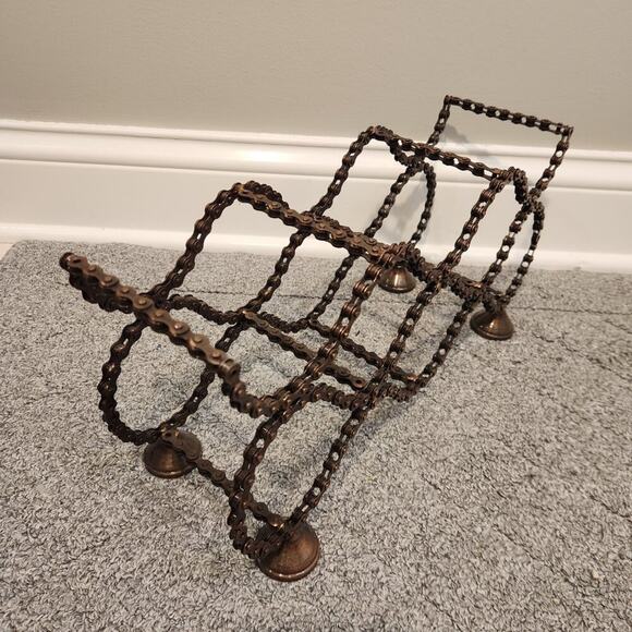Upcycled Bicycle Chain Wine Rack Copper Metallic Finish Industrial Folk Art - Picture 3 of 4
